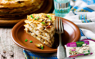 Tortino di crespelle di patate ai funghi e scamorza affumicata