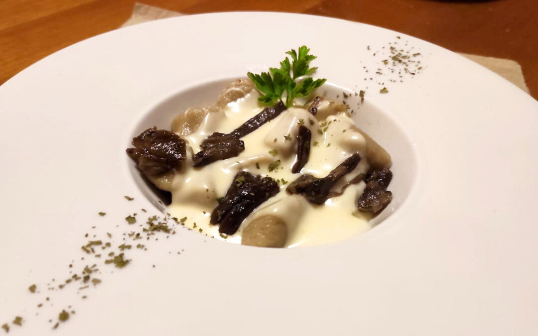 Gnocchi di patate e funghi con crema di morlacco e funghi pioppini spadellati